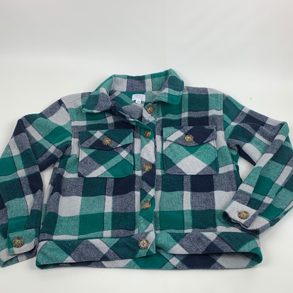 Time and Tru Green Navy Blue Gray Plaid Crop Shirt Jacket Button up Size Small